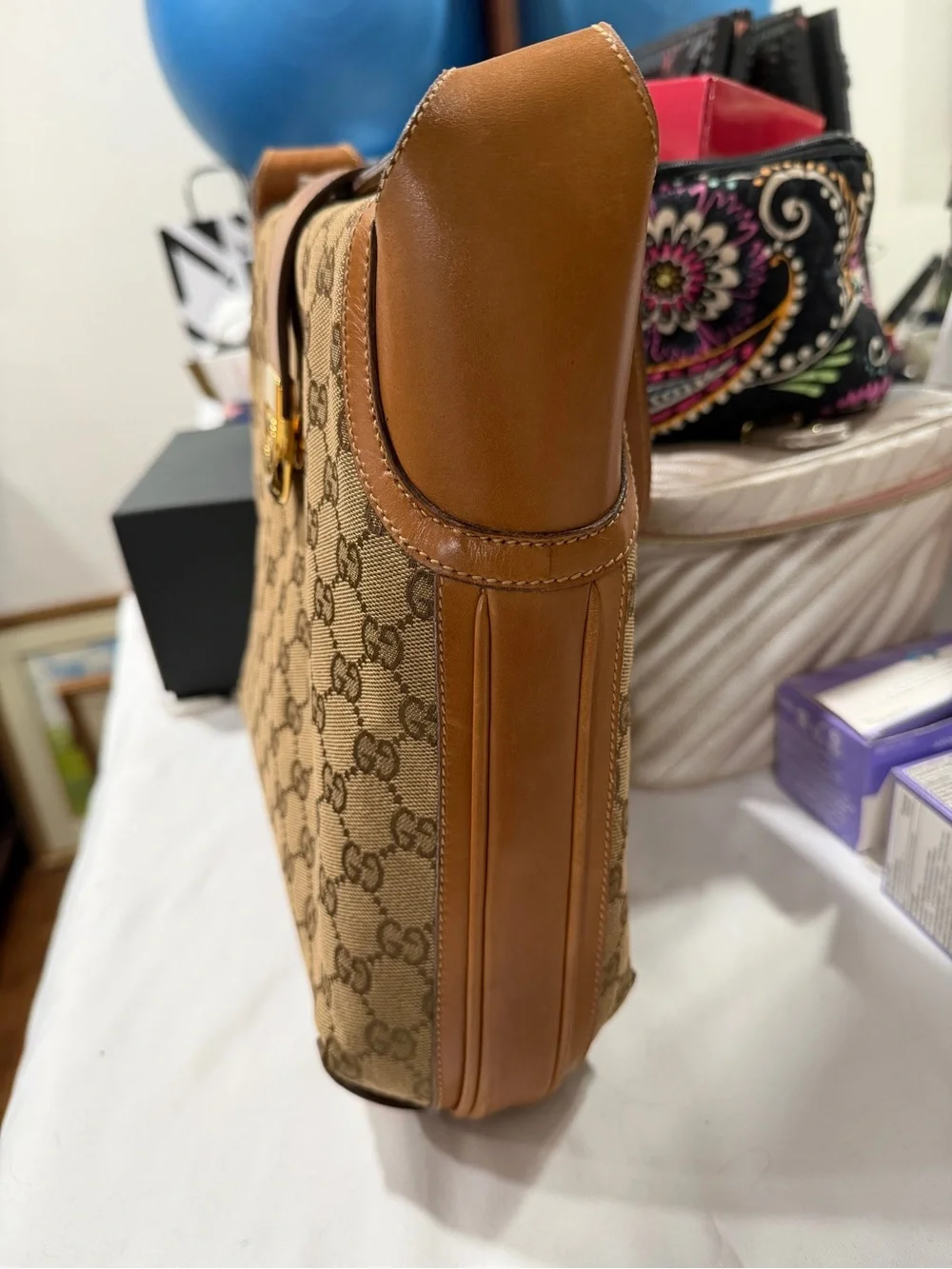Gucci Brown GG Canvas Messenger Bag with Tan Leather and Gold pics for details